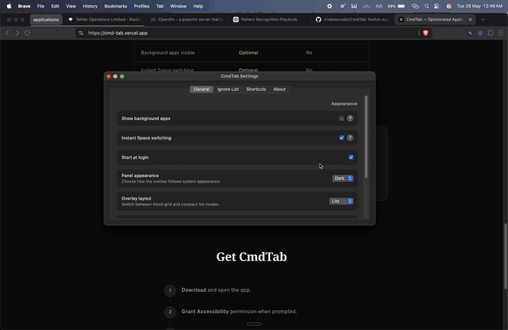 CmdTab instant Space switching demo